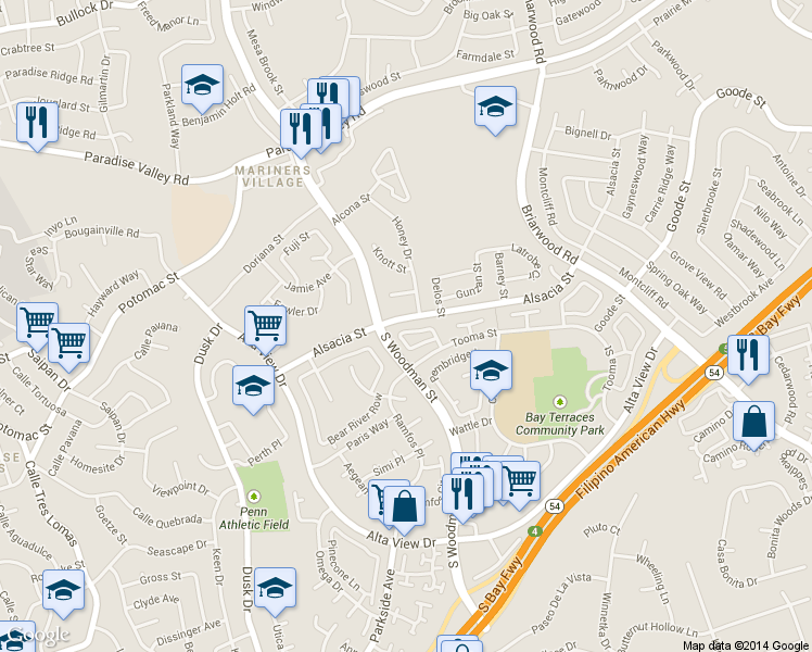 map of restaurants, bars, coffee shops, grocery stores, and more near 6960 Alsacia Street in San Diego