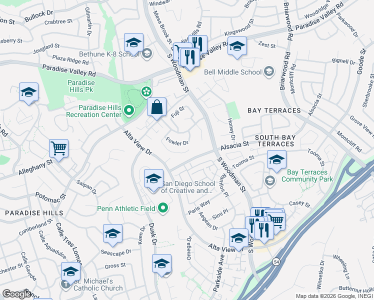 map of restaurants, bars, coffee shops, grocery stores, and more near 2210 Fowler Drive in San Diego