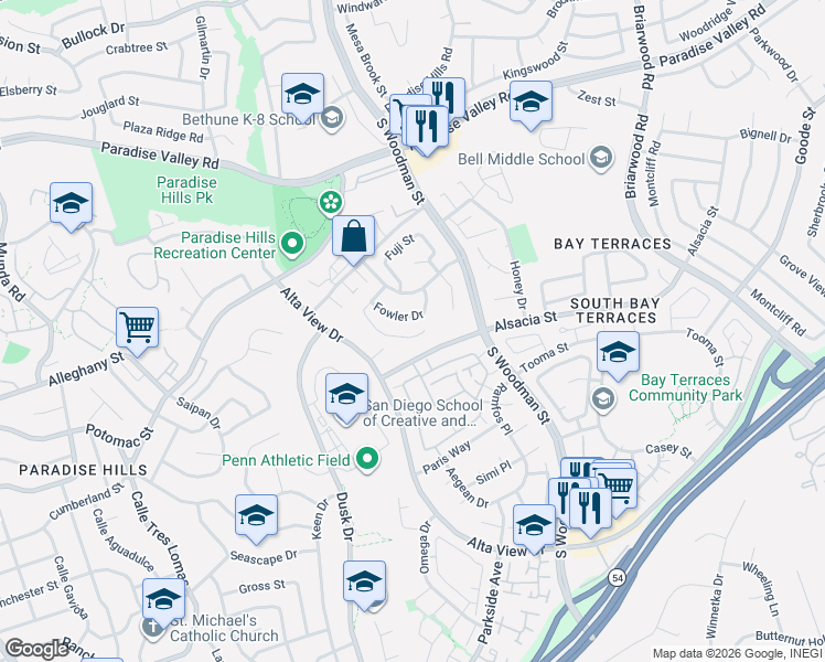 map of restaurants, bars, coffee shops, grocery stores, and more near 2163 Fowler Drive in San Diego