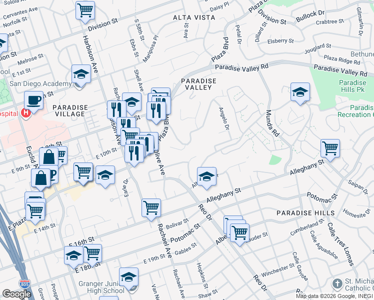 map of restaurants, bars, coffee shops, grocery stores, and more near 1103 Manchester Street in National City
