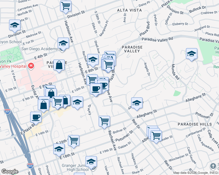 map of restaurants, bars, coffee shops, grocery stores, and more near 3239 East Plaza Boulevard in National City