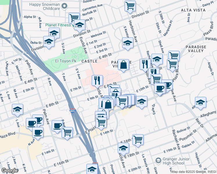 map of restaurants, bars, coffee shops, grocery stores, and more near 2424 East 8th Street in National City