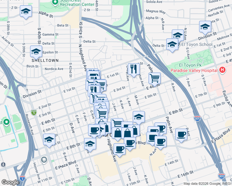 map of restaurants, bars, coffee shops, grocery stores, and more near 1045 East 3rd Street in National City