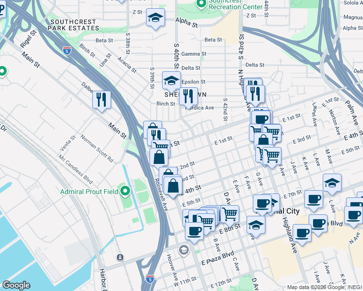 map of restaurants, bars, coffee shops, grocery stores, and more near 3954 Division Street in National City