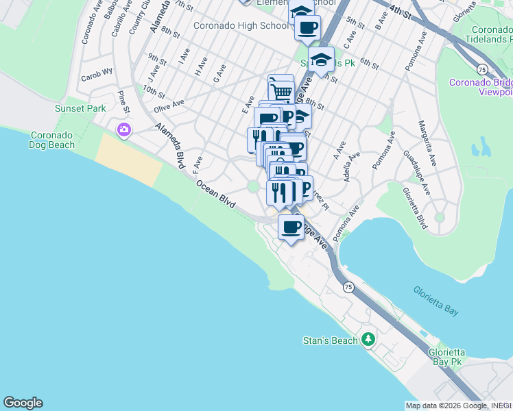 map of restaurants, bars, coffee shops, grocery stores, and more near 1040 Loma Avenue in Coronado