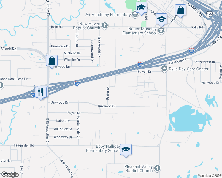 map of restaurants, bars, coffee shops, grocery stores, and more near 1512 Tempest Drive in Dallas