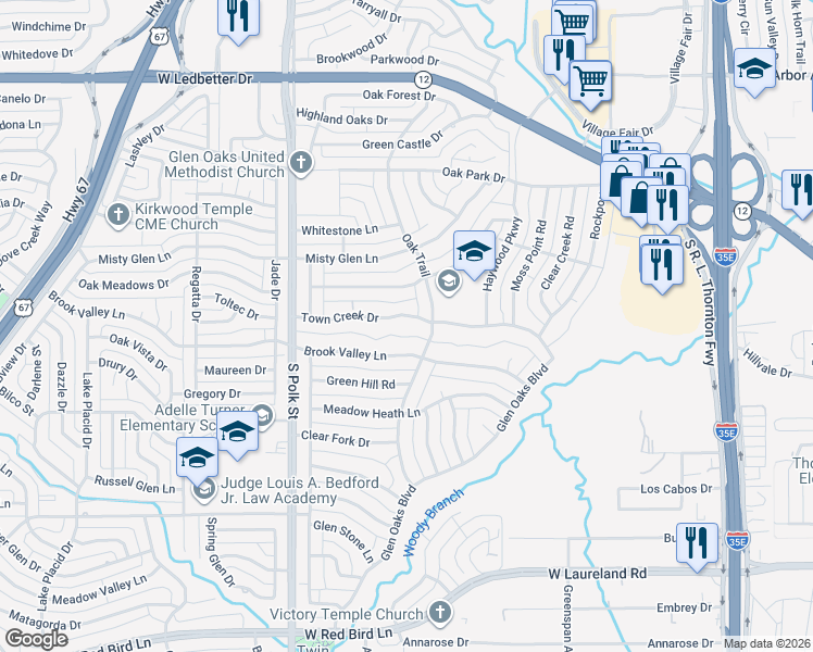 map of restaurants, bars, coffee shops, grocery stores, and more near 623 Town Creek Drive in Dallas