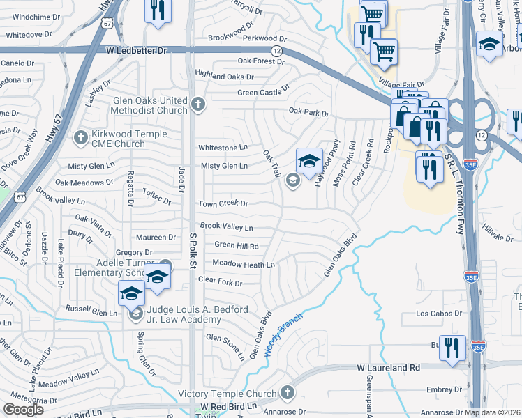 map of restaurants, bars, coffee shops, grocery stores, and more near 623 Town Creek Drive in Dallas