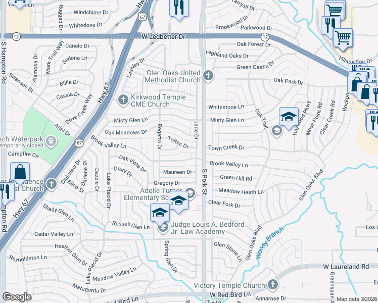 map of restaurants, bars, coffee shops, grocery stores, and more near 1221 Toltec Drive in Dallas