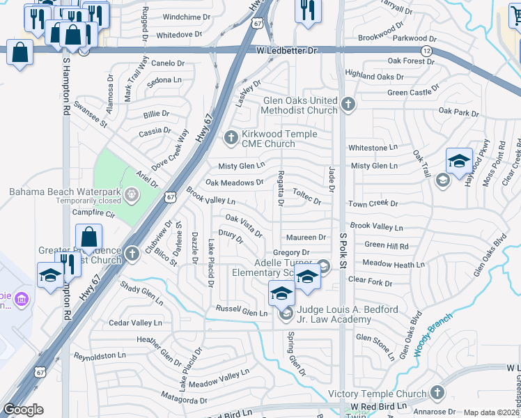 map of restaurants, bars, coffee shops, grocery stores, and more near 1433 Brook Valley Place in Dallas
