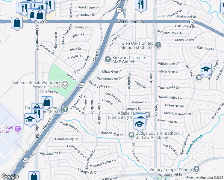 map of restaurants, bars, coffee shops, grocery stores, and more near 1515 Brook Valley Court in Dallas