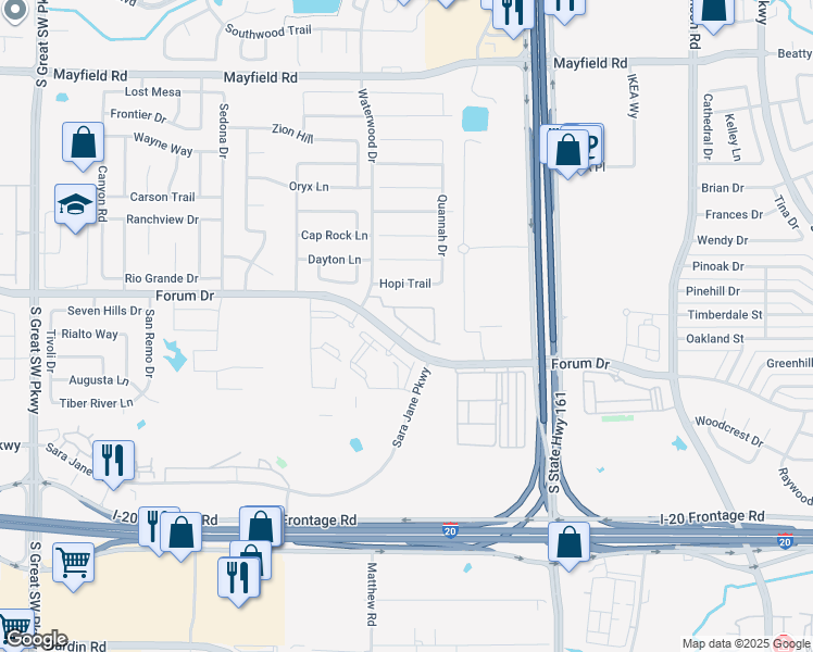 map of restaurants, bars, coffee shops, grocery stores, and more near 2100 West Interstate 20 in Grand Prairie