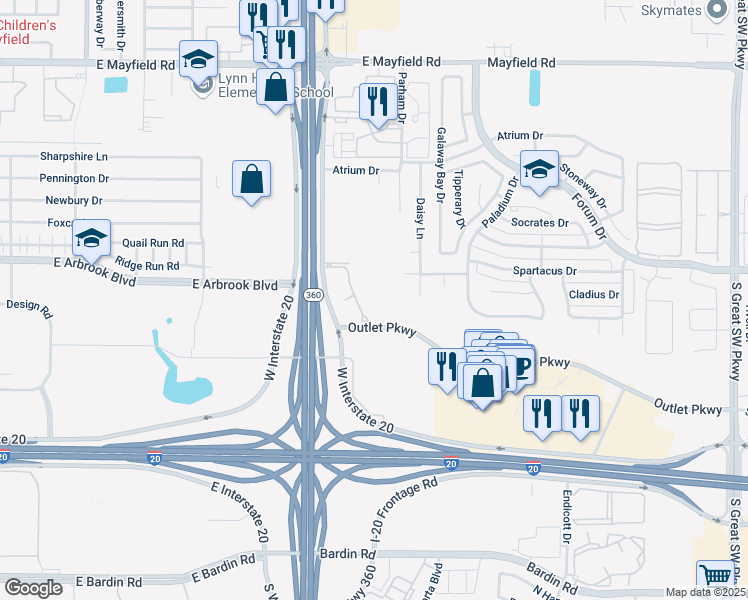map of restaurants, bars, coffee shops, grocery stores, and more near 3090 Outlet Parkway in Grand Prairie