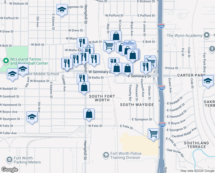 map of restaurants, bars, coffee shops, grocery stores, and more near 409 West Kellis Street in Fort Worth