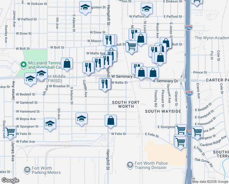 map of restaurants, bars, coffee shops, grocery stores, and more near 532 West Broadus Street in Fort Worth