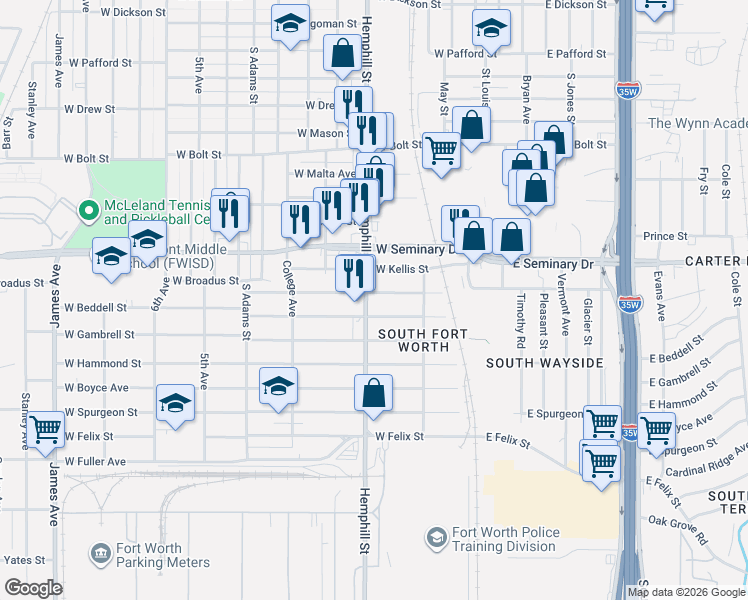 map of restaurants, bars, coffee shops, grocery stores, and more near 710 West Beddell Street in Fort Worth