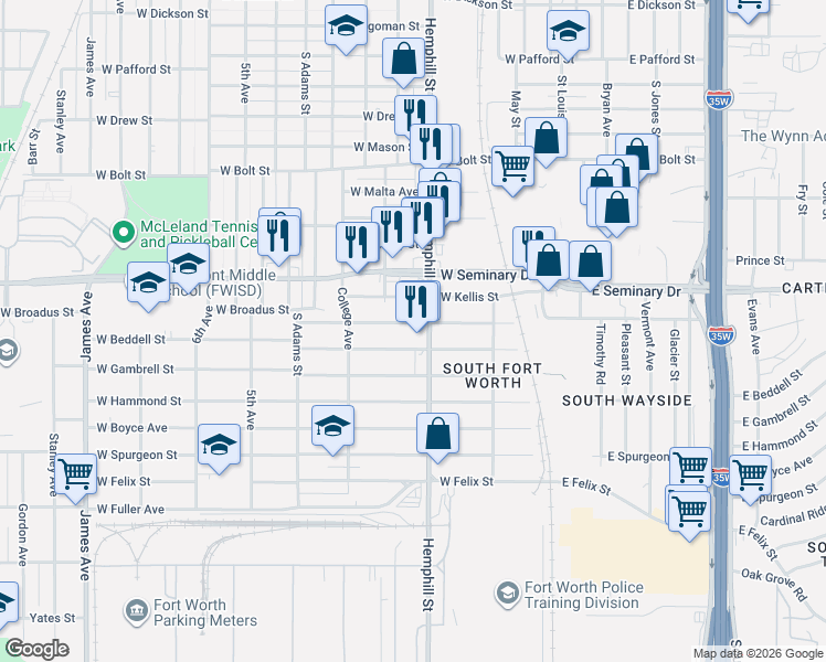 map of restaurants, bars, coffee shops, grocery stores, and more near 710 West Beddell Street in Fort Worth