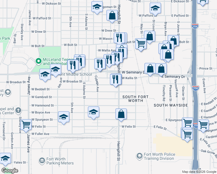 map of restaurants, bars, coffee shops, grocery stores, and more near 812 West Broadus Street in Fort Worth