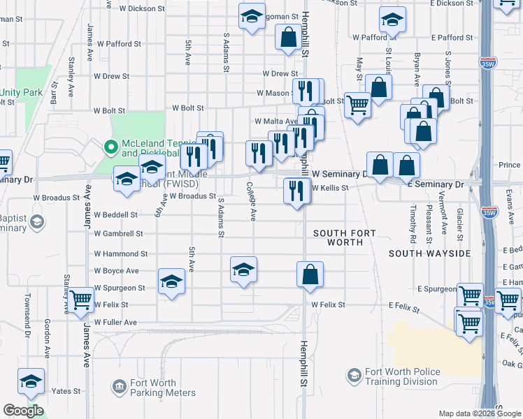 map of restaurants, bars, coffee shops, grocery stores, and more near 1000 West Broadus Street in Fort Worth