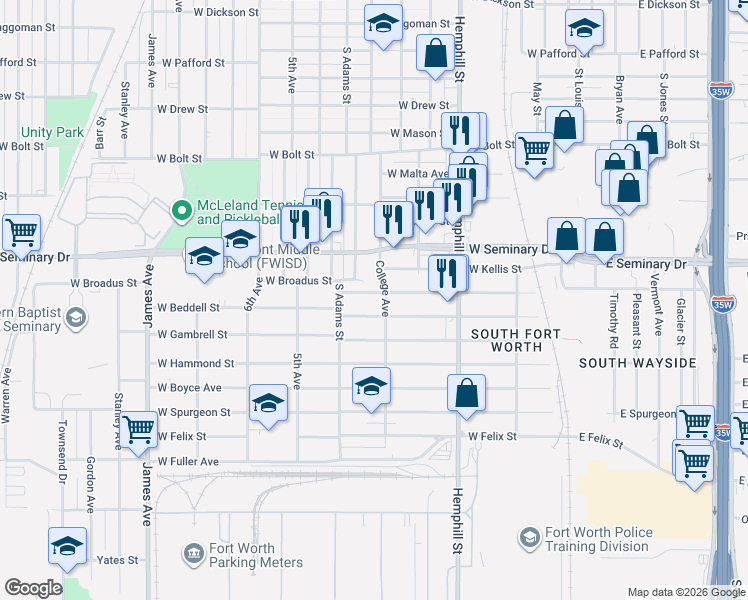 map of restaurants, bars, coffee shops, grocery stores, and more near 1000 West Broadus Street in Fort Worth