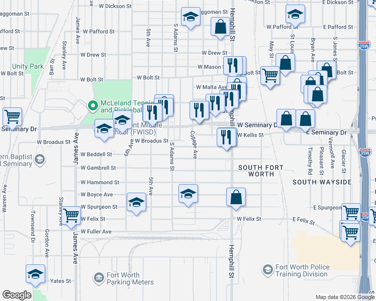 map of restaurants, bars, coffee shops, grocery stores, and more near 1000 West Broadus Street in Fort Worth