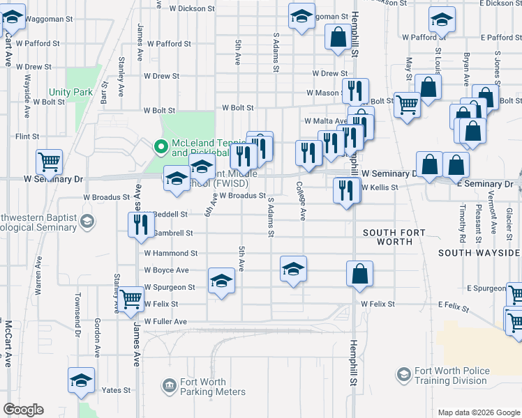 map of restaurants, bars, coffee shops, grocery stores, and more near 1225 West Broadus Street in Fort Worth