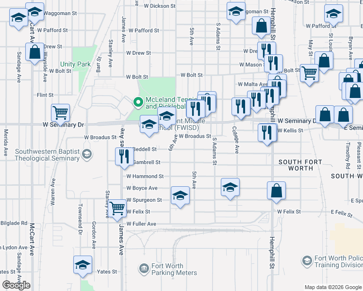 map of restaurants, bars, coffee shops, grocery stores, and more near 1317 West Broadus Street in Fort Worth