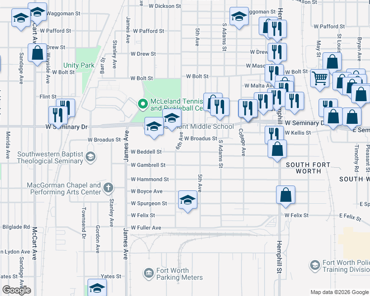 map of restaurants, bars, coffee shops, grocery stores, and more near 1317 West Broadus Street in Fort Worth