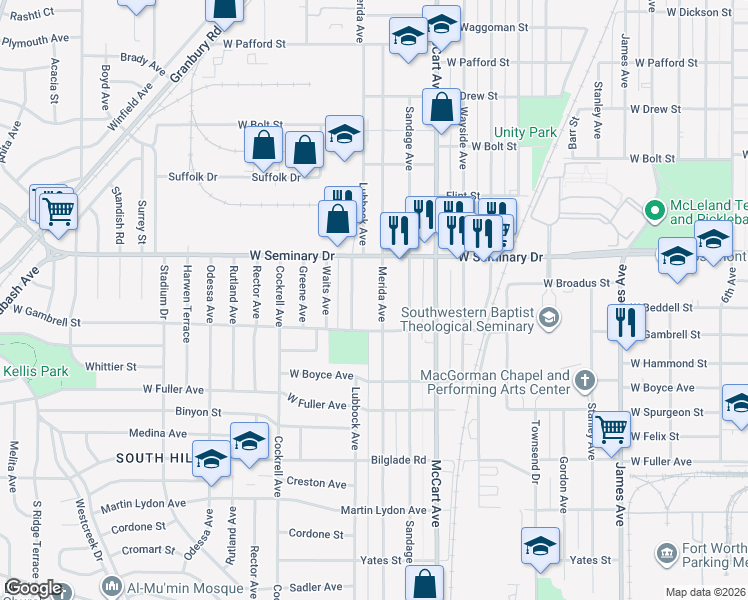 map of restaurants, bars, coffee shops, grocery stores, and more near 4325 Lubbock Avenue in Fort Worth