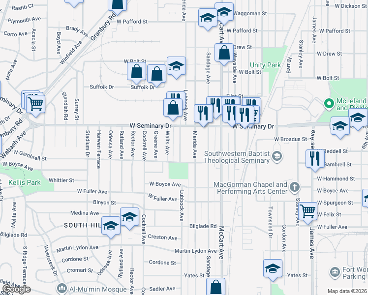 map of restaurants, bars, coffee shops, grocery stores, and more near 4325 Lubbock Avenue in Fort Worth