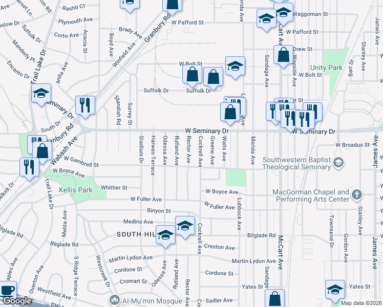 map of restaurants, bars, coffee shops, grocery stores, and more near 4325 Rector Avenue in Fort Worth