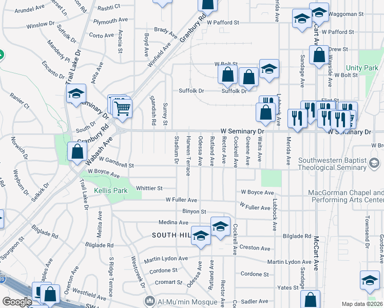 map of restaurants, bars, coffee shops, grocery stores, and more near 4325 Harwen Terrace in Fort Worth