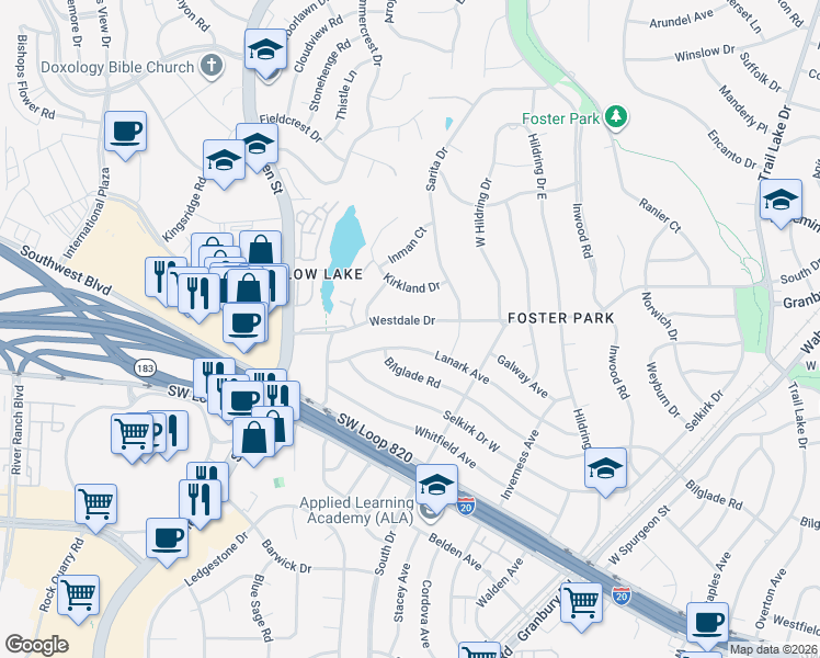 map of restaurants, bars, coffee shops, grocery stores, and more near 4336 Westdale Drive in Fort Worth
