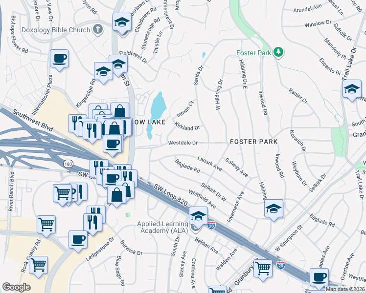 map of restaurants, bars, coffee shops, grocery stores, and more near 4336 Westdale Drive in Fort Worth