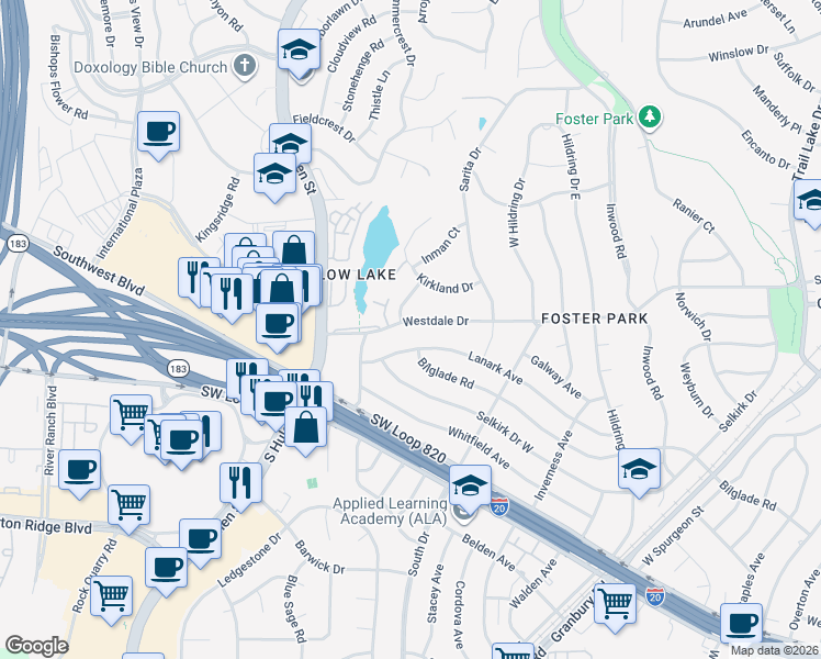 map of restaurants, bars, coffee shops, grocery stores, and more near 4352 Westdale Drive in Fort Worth