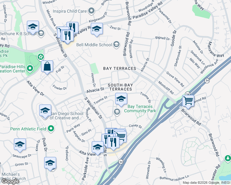 map of restaurants, bars, coffee shops, grocery stores, and more near 7083 Deerhurst Court in San Diego