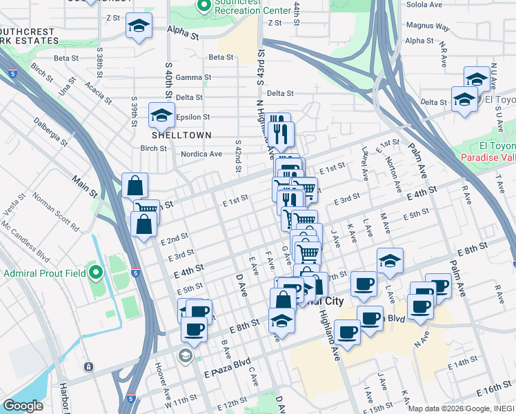 map of restaurants, bars, coffee shops, grocery stores, and more near 700 East 1st Street in National City