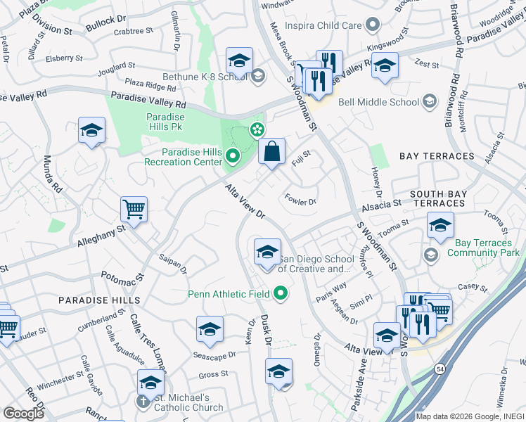 map of restaurants, bars, coffee shops, grocery stores, and more near 2181 Alta View Drive in San Diego