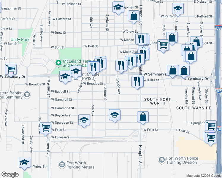 map of restaurants, bars, coffee shops, grocery stores, and more near 1112 West Broadus Street in Fort Worth