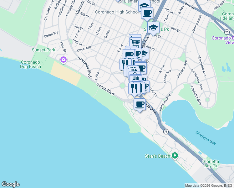 map of restaurants, bars, coffee shops, grocery stores, and more near 1035 Ocean Boulevard in Coronado