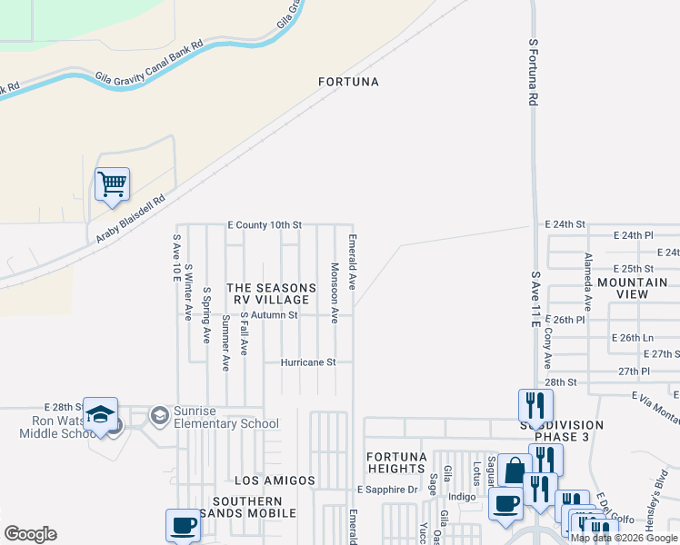 map of restaurants, bars, coffee shops, grocery stores, and more near 10176 Emerald Avenue in Yuma