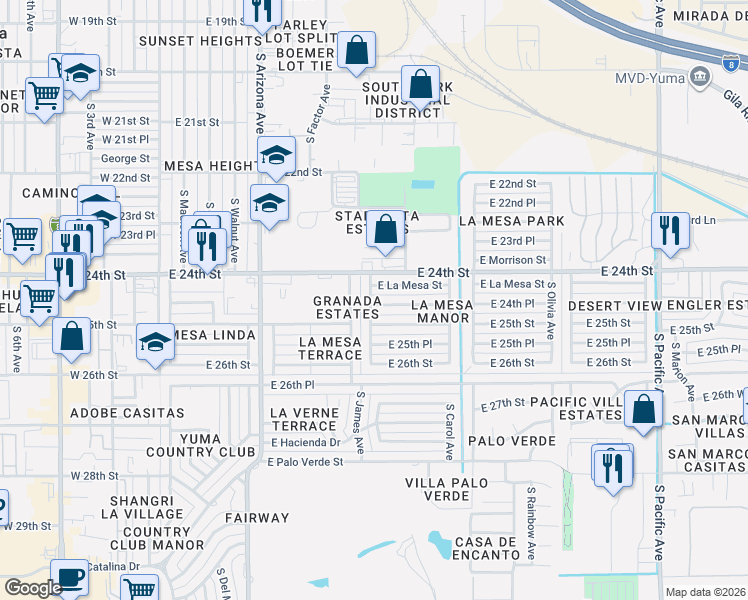 map of restaurants, bars, coffee shops, grocery stores, and more near 907-909 East La Mesa Street in Yuma