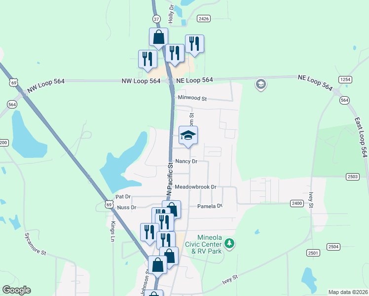map of restaurants, bars, coffee shops, grocery stores, and more near 1737-1767 North Newsom Street in Mineola