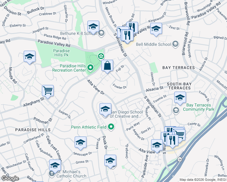 map of restaurants, bars, coffee shops, grocery stores, and more near 2131 Jackam Way in San Diego