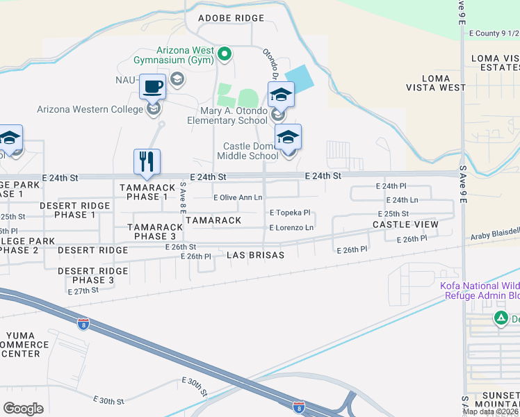 map of restaurants, bars, coffee shops, grocery stores, and more near S Otondo Dr in Yuma