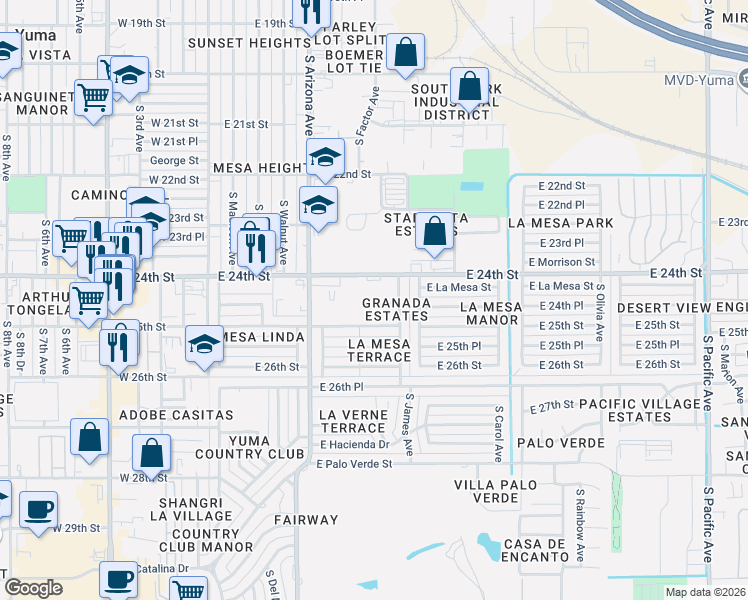map of restaurants, bars, coffee shops, grocery stores, and more near 721 East 24th Street in Yuma
