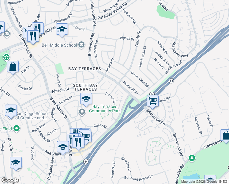 map of restaurants, bars, coffee shops, grocery stores, and more near 2333 Donnington Way in San Diego