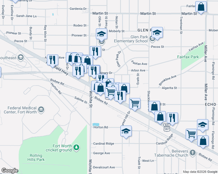 map of restaurants, bars, coffee shops, grocery stores, and more near 5182 Foard Street in Fort Worth
