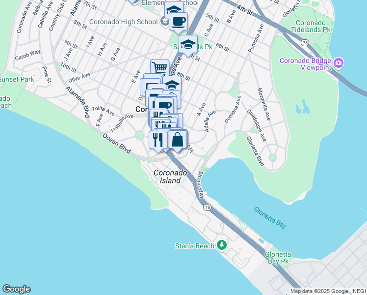 map of restaurants, bars, coffee shops, grocery stores, and more near 1100 Adella Avenue in Coronado
