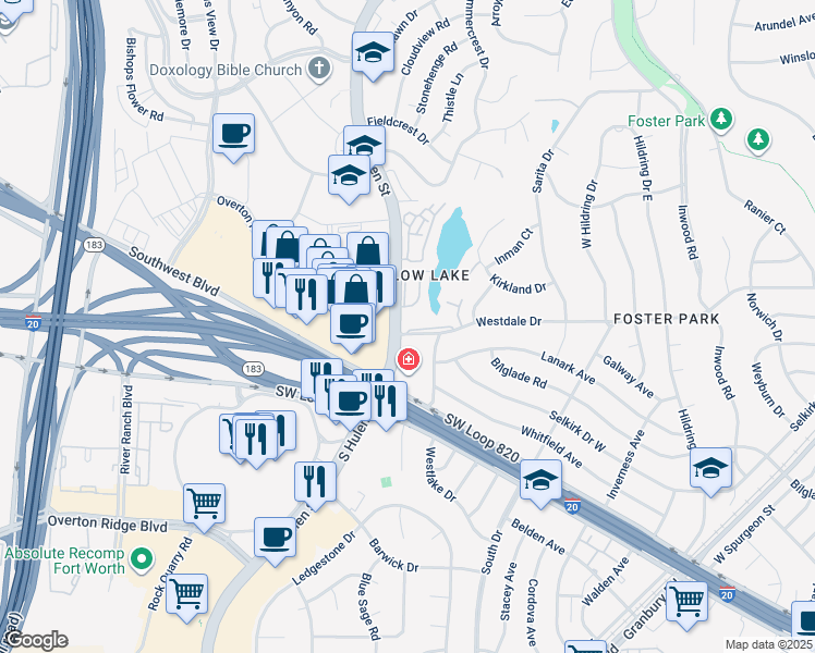 map of restaurants, bars, coffee shops, grocery stores, and more near 4422 Westdale Court in Fort Worth